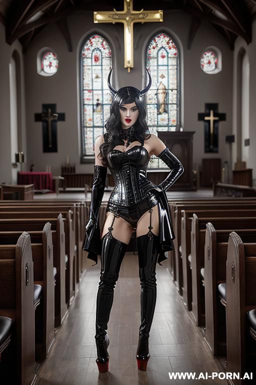 latex pervert goddess, devil horns, latex leggings, latex corset, boots, platform stiletto heels, standing in the church a side, in front of the cross - #main