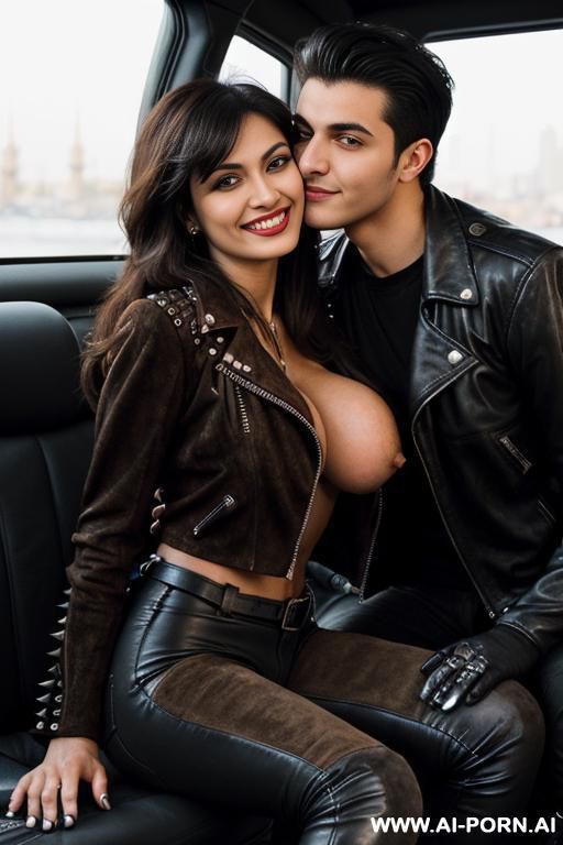 ((((arab biker milf kissing a twenty year old man)))) with ((((((gigantic tits)))))) and ((long hair)), (((makeup))) , (((tight spiked black leather jacket))) (((tight black leather pants))) ((((selfie)))) (((boots))) (((big ass))) - #main