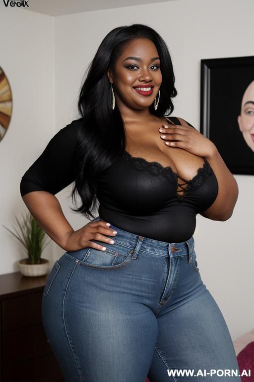 black woman, rotund body, huge, supermodel, pear shaped, long hair, huge legs, massive hips, high rise jeans, eye contact - #main
