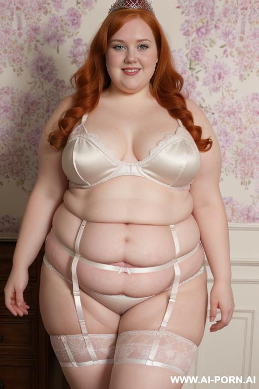 half body photo shot close up. a ((british obese fat bbw redhead)), ((soft natural belly, subtle belly rolls)). ((wearing a violet bright sexy and hot ((queen)) garter belt bride lingerie of flowers, and a silk micro-skirt)). she is smiling, anklet heart - #main