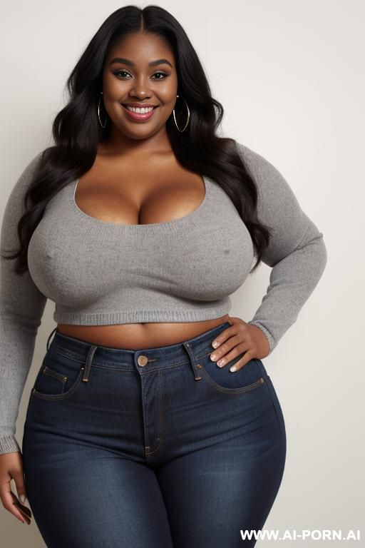 black woman, rotund body, huge, supermodel, pear shaped, long hair, huge legs, massive hips, high rise jeans, eye contact - #main