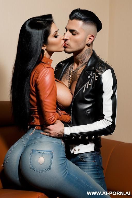 ((((arab rap milf hugging and kissing a twenty year old muscular punk man on the lips)))) with ((((((gigantic tits)))))) and (((long hair))), (makeup) , (((tight spiked red leather jacket))) - #main