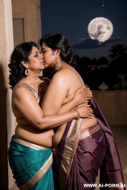 ancient indian chubby fifty years old black haired queen in a traditional sari kisses a chubby fifty years old black haired full naked female with shaved vagina under the moon - #main