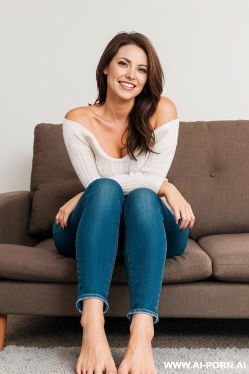 while woman with brown hair sitting on a couch fully clothed but with bare feet - #main
