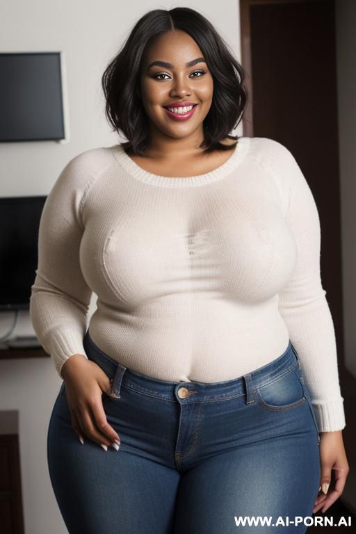 black woman, rotund body, huge, supermodel, pear shaped, long hair, huge legs, massive hips, high rise jeans, eye contact - #main