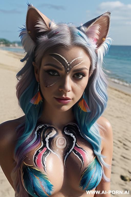 face, sexy, beautiful, ((face painting)), ((body painting)), ((bikini as seashell)), ((bikini coconut)), ((roses)), ((eyes shw)), ((angel wings)), ((rainbow hair)), (( makeup)), ((glitter)), ((long bu - #main