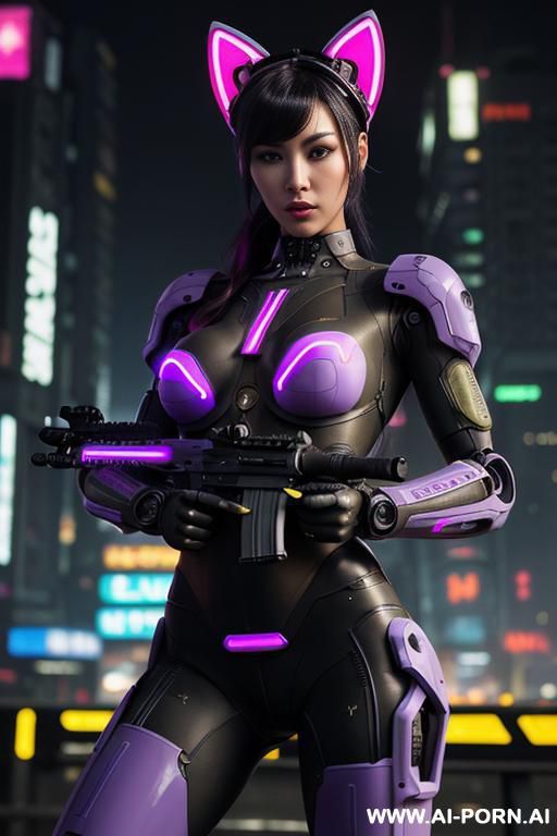beautiful realistic woman ((woman fully robotic mechanic body)), (((holding electric and luminous neon violet assault rifle))), ultra detailed, finely detail, highly detailed face, highly detailed eyes, - #main