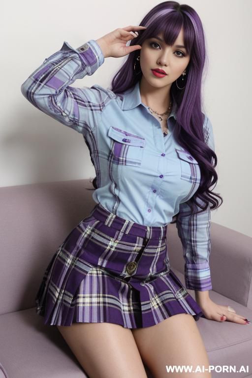 big tits, purple wavy hair with bangs, casting couch, light blue button up t-shirt, plaid micro skirt, tattoos, - #main