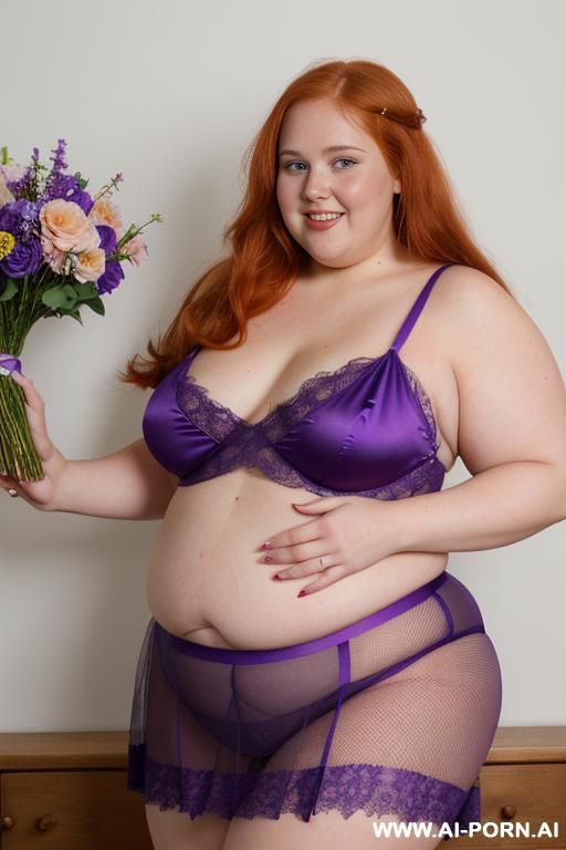 half body photo shot close up. a ((british obese fat bbw redhead)), ((thick with love handless)). ((wearing a violet bright sexy and hot nun fishnet fullbody suite bride lingerie of flowers, and a silk micro-skirt)). she is smiling - #main