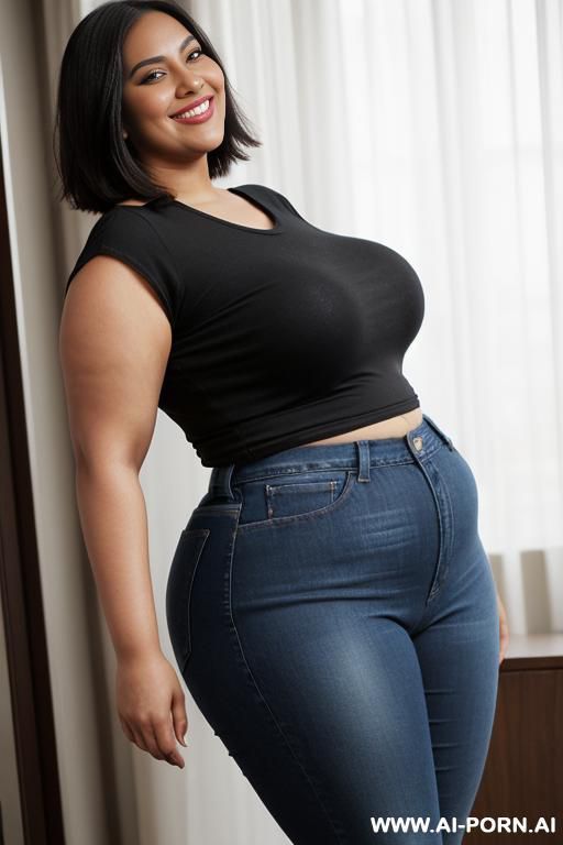 black woman, rotund body, huge, supermodel, pear shaped, long hair, huge legs, massive hips, high rise jeans, eye contact - #main