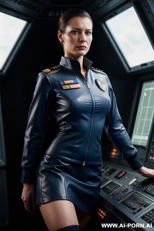 (serious nerdy woman) (formal space navy uniform) (exposed breasts) (nip slip) (spaceship control center) (all women crew) - #main