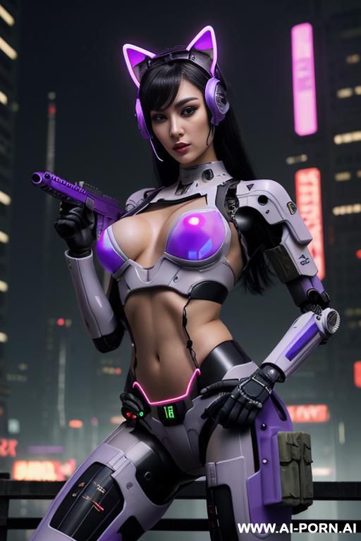 beautiful realistic woman ((woman fully robotic mechanic body)), (((holding electric and luminous neon violet assault rifle))), ultra detailed, finely detail, highly detailed face, highly detailed eyes, - #main
