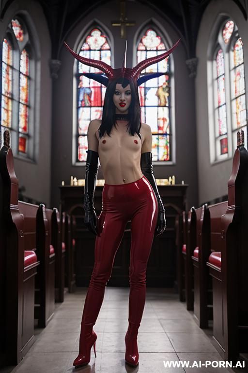slut whore sex pervert, latex leggings, bright red boots, devil horns, standing in front of the cross, tongue out - #main