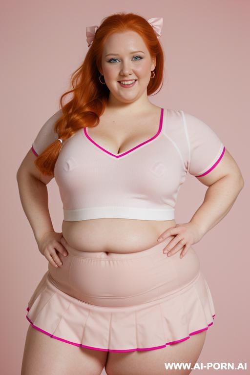 (((half body photo shot close up))). a (((british obese fat bbw redhead))), ((thick body, with tummy and love handless)). lingerie garter belt top. - #main