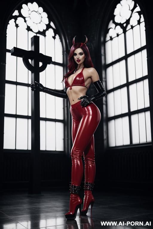 bright red open crotch latex leggings, black thigh high laced up boots, stiletto heels, devil horns, kissing a cross - #main