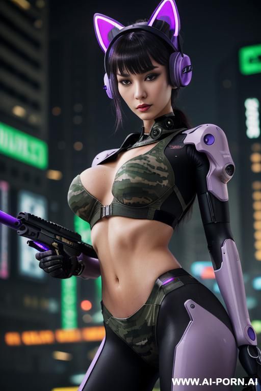 beautiful realistic woman ((woman fully robotic mechanic body)), (((holding electric and luminous neon violet assault rifle))), ultra detailed, finely detail, highly detailed face, sexy eyes, sexy smirk, - #main