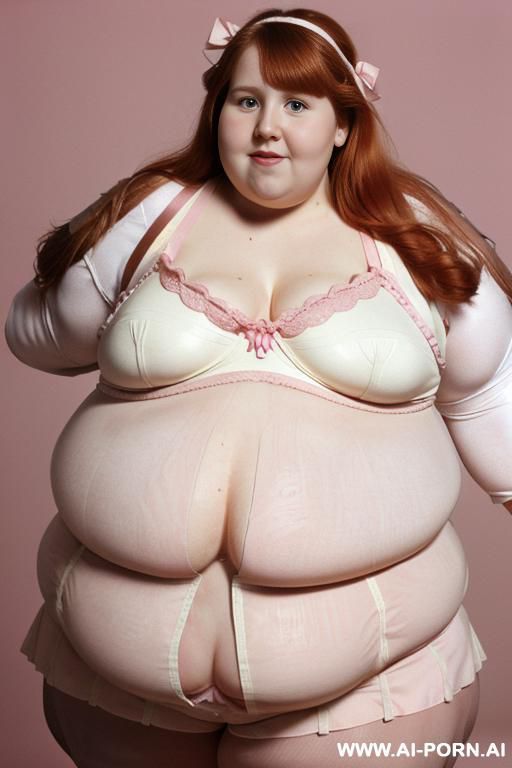(((half body photo shot close up))). a (((british, very, ((((very obese)))) fat bbw redhead))), ((thick body, with tummy and love handless)). lingerie garter belt top. (((dinamyc angle))) - #main