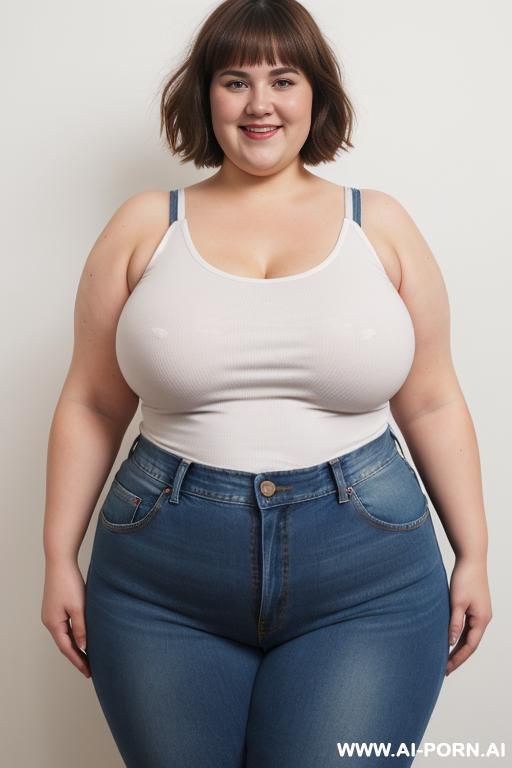 white woman, morbidly obese, rotund body, huge, supermodel, pear shaped, short hair, huge legs, massive hips, high rise jeans, eye contact, huge ass, white tank top, saggy tits - #main