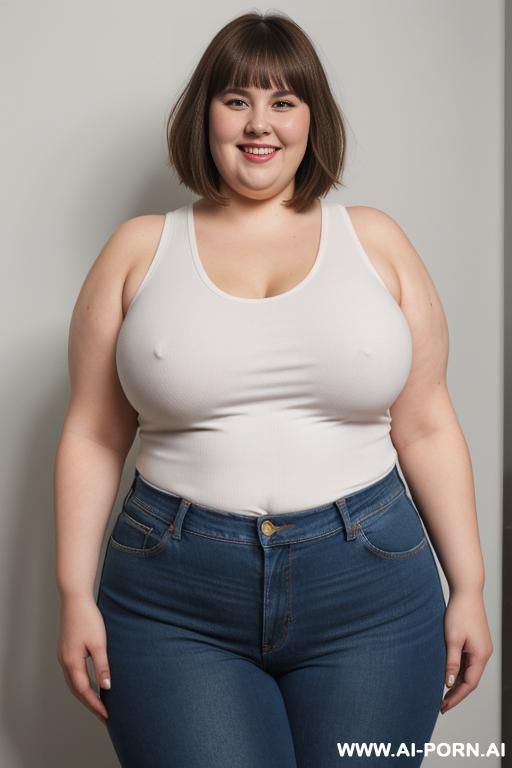 white woman, morbidly obese, rotund body, huge, supermodel, pear shaped, long hair, huge legs, massive hips, high rise jeans, eye contact, huge butt, white tank top - #main