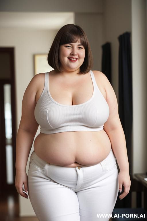 white woman, rotund body, huge, supermodel, pear shaped, long hair, huge legs, massive hips, high rise jeans, eye contact, tank top - #main
