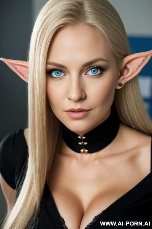 long ears elf, straight blonde hair, blue eyes, big tits, office shirt, pencil skirt, stockings - #main
