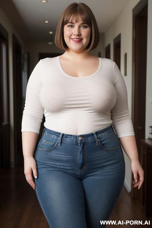 white woman, rotund body, huge, supermodel, pear shaped, long hair, huge legs, massive hips, high rise jeans, eye contact - #main