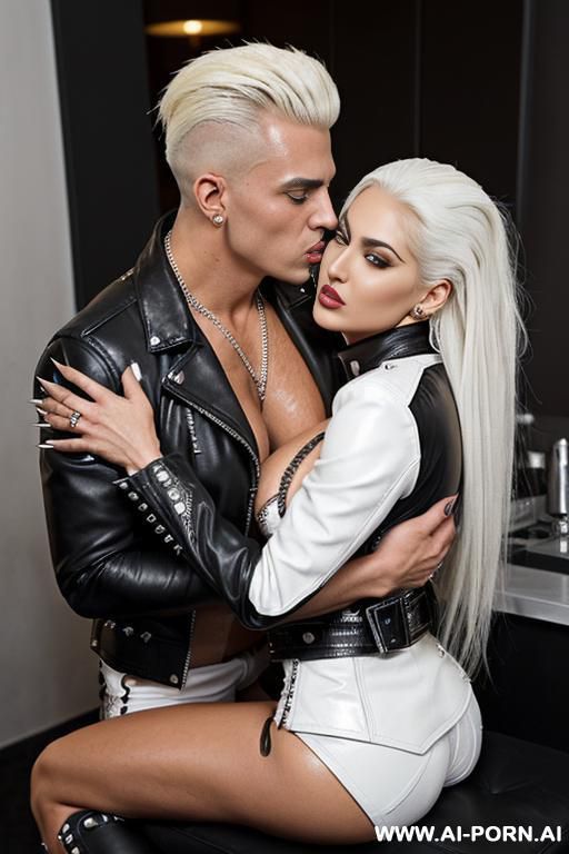((((arab rap gilf hugging and kissing a twenty year old muscular punk man on the lips)))) with ((((((gigantic tits)))))) and (((long white hair))), (makeup) , (((tight spiked black leather - #main