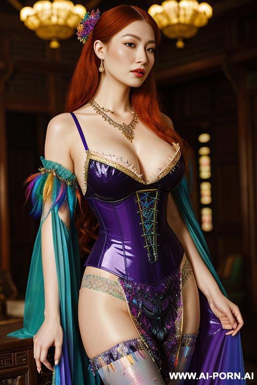 perfect face，chinese, rainbow feather studed bright sequin transparent latex corset，feather tutu skirt， mesh robe， rainbow sequin bra ,rainbow sequing-thong，necklace，rainbow large pointed thigh-high boots，royal - #main