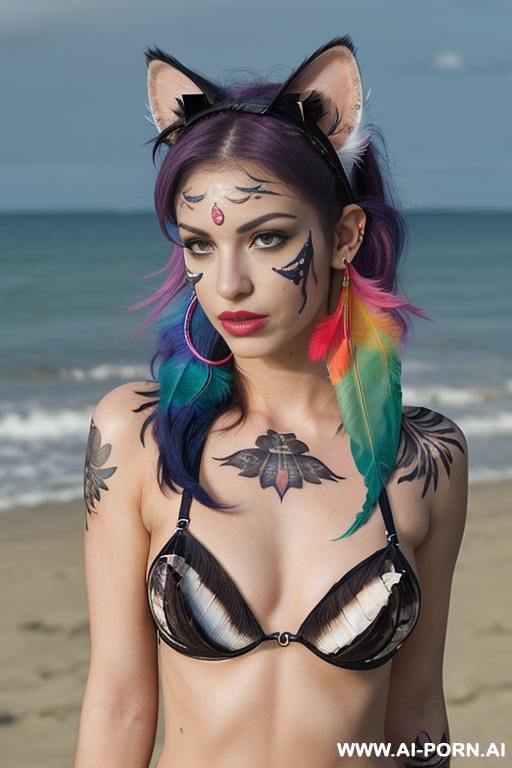 face, sexy, beautiful, ((face painting)), ((bikini as seashell)), ((tattoo roses)), ((eyes shw)), ((angel wings)), ((rainbow hair)), ((long bu hair)), ((wind)), (( cat face)), (( cat ears)), (((feather - #main