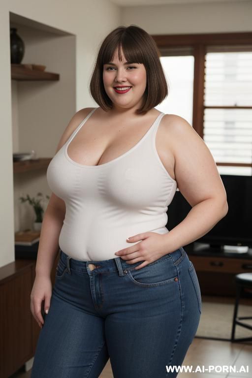 white woman, morbidly obese, rotund body, huge, supermodel, pear shaped, long hair, huge legs, massive hips, high rise jeans, eye contact, white tank top - #main