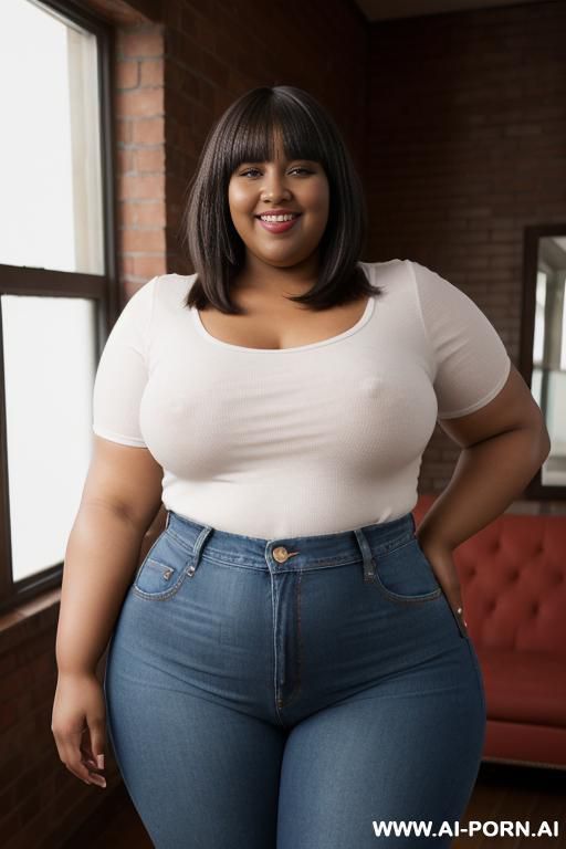 black woman, rotund body, huge, supermodel, pear shaped, long hair, huge legs, massive hips, high rise jeans, eye contact - #main