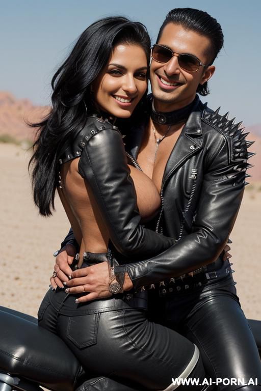 ((((arab biker milf hugging a twenty year old muscular man)))) with ((((((gigantic tits)))))) and (((long hair))), (makeup) , (((tight spiked black leather jacket))) (((tight spiked black leather - #main