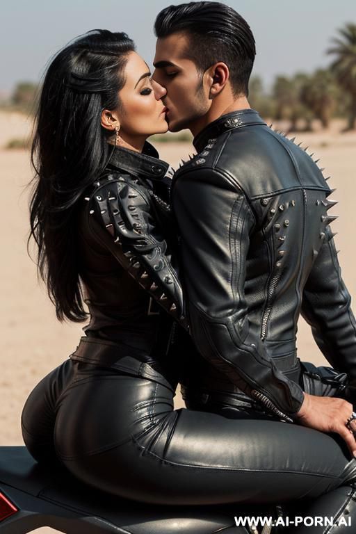 ((((arab biker milf hugging and kissing a twenty year old muscular man on the lips)))) with ((((((gigantic tits)))))) and (((long hair))), (makeup) , (((tight spiked black leather jacket))) (((tight - #main