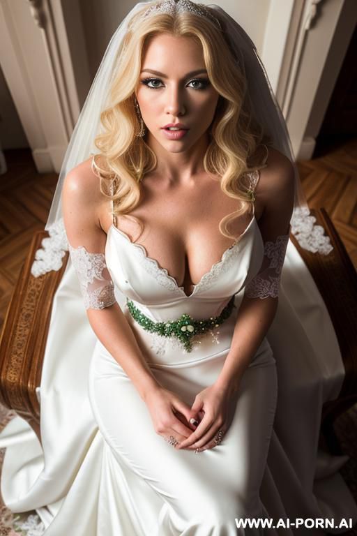 pov blowjob, with white huge dick, blonde european, face, green eyes, long hair, blonde hair, with highlights, curly hair, eye liner, cleavage, wearing white wedding dress, on bed, (((beautiful perfect))), fit woman, huge white dick, seductive look - #main