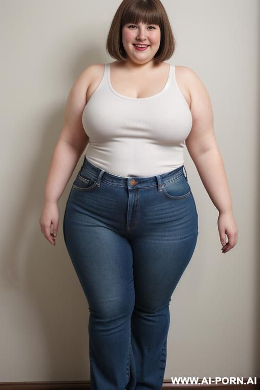 white woman, rotund body, huge, supermodel, pear shaped, long hair, huge legs, massive hips, high rise jeans, eye contact, tank top - #main