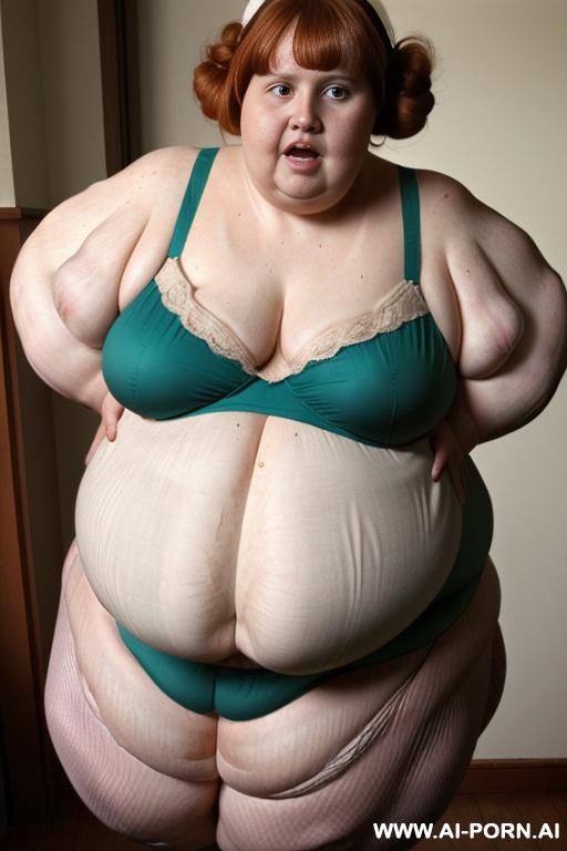 (((half body photo shot close up))). a (((british, very, ((((very obese)))) fat bbw redhead))), ((thick body, with tummy and love handless)). lingerie garter belt top. (((dinamyc angle))) - #main