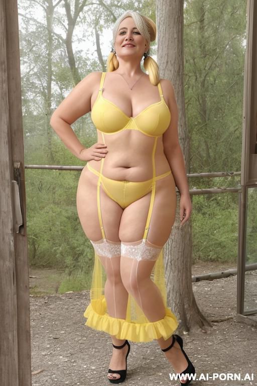very hot suburban gilf bbw granny smile standing totally in a transparent morning gown, camping in the woods.(round full breasts in see through white dress))). old smexy curvy bbw granny. - #main