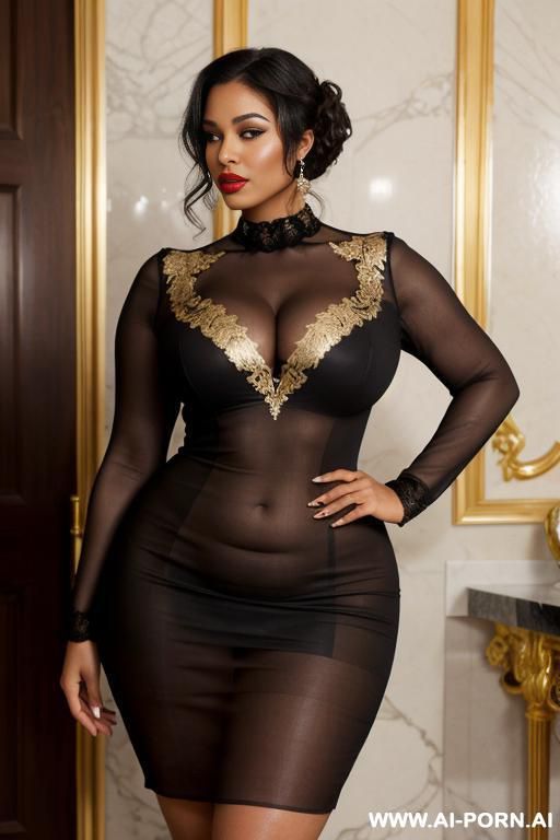 black woman, rotund body, huge, supermodel, pear shaped, long hair, huge legs, massive hips, photograph of a curvy woman with fair skin and long, wavy dark brown hair, wear a form-fitting, - #main
