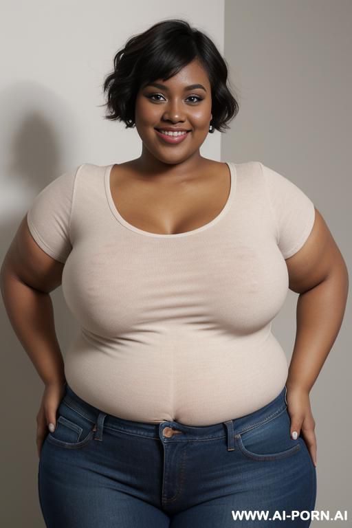 black woman, rotund body, huge, supermodel, pear shaped, short hair, huge legs, massive hips, high rise jeans, eye contact - #main