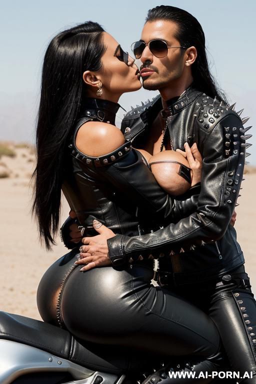 ((((arab biker milf hugging and kissing atwenty year old muscular man on the lips)))) with ((((((gigantic tits)))))) and (((long hair))), (makeup) , (((tight spiked black leather jacket))) (((tight - #main