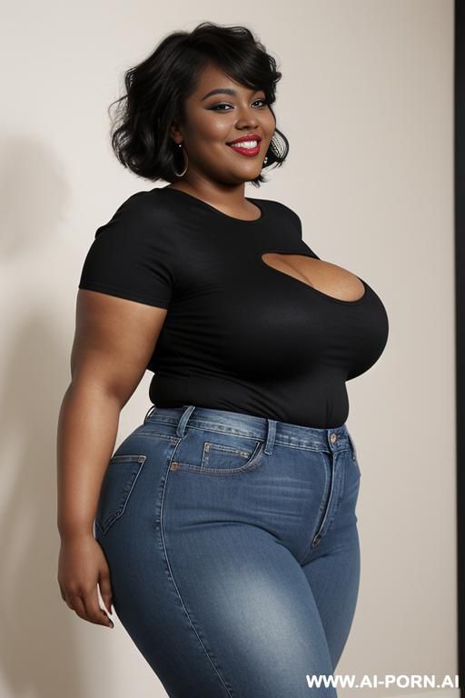 black woman, rotund body, huge, supermodel, pear shaped, long hair, huge legs, massive hips, high rise jeans, eye contact - #main