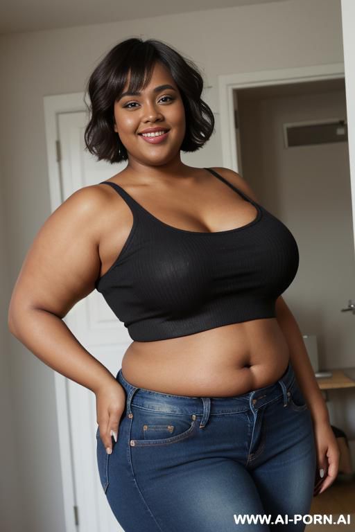 black woman, rotund body, huge, supermodel, pear shaped, short hair, huge legs, massive hips, high rise jeans, eye contact, huge arms, skin - #main