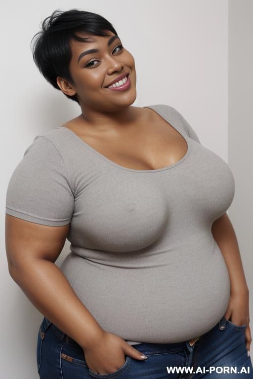 black woman, rotund body, huge, supermodel, pear shaped, short hair, huge legs, massive hips, high rise jeans, eye contact, huge arms - #main