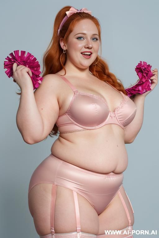 (((half body photo shot close up photo))). a (british (obese) fat bbw redhead), ((thick body, with tummy and love handless)). (wearing a lingerie garter belt top.) - #main