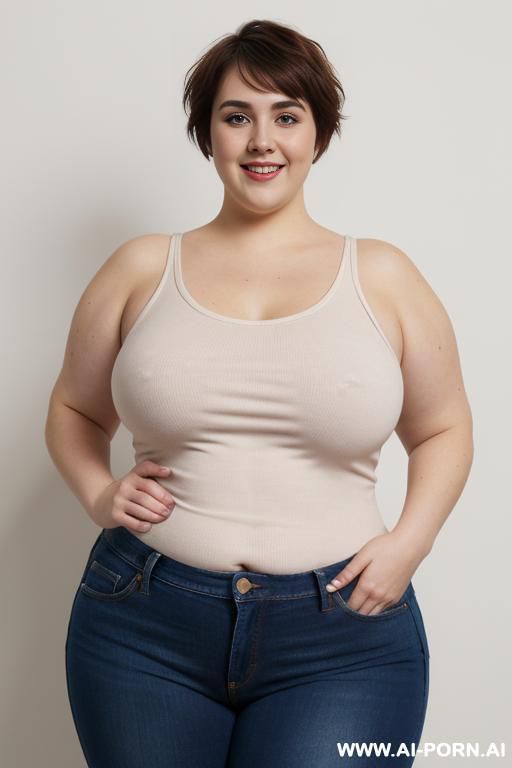 white woman, rotund body, huge, supermodel, pear shaped, short hair, huge legs, massive hips, high rise jeans, eye contact, huge arms - #main
