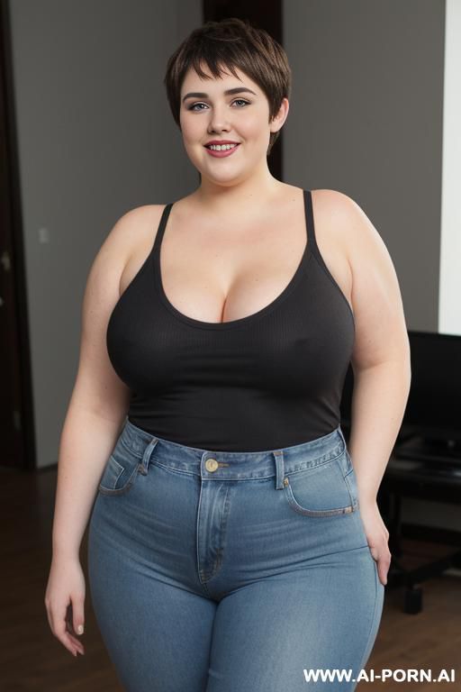 white woman, rotund body, huge, supermodel, pear shaped, short hair, huge legs, huge arms, massive hips, high rise jeans, eye contact, obese, saggy tits - #main