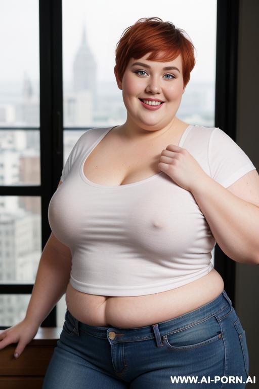 white woman, rotund body, huge, supermodel, pear shaped, lovehandless, tummy, short hair, huge legs, massive hips, high rise jeans, eye contact, huge arms - #main