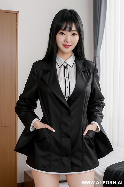in the bedroom, white skin, tall, bangs, in a black jacket, - #main