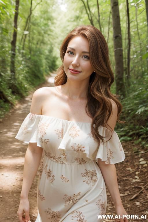pretty, alabaman, 30, flowing wavy hair, chestnut hair, very white skin, natural boobs, slight smile, makeup, eye shw, standing, spreading legs, off shoulder floral sun dress, blurred background, hiking trail background. - #main