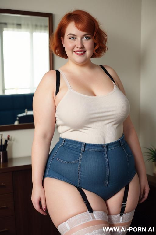 white woman, rotund body, huge, supermodel, pear shaped, lovehandless, tummy, short hair, huge legs, massive hips, high rise (garter belt stockings), eye contact, huge arms - #main